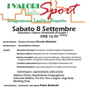 Palagio sabato 8 settembre convegno ''I valori dello sport Integrazione, lealtà e rispetto''.