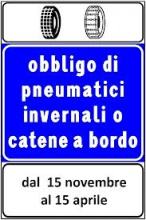 Obbligo di circolazione con pneumatici invernali o catene a bordo sui tratti delle strade comunali, provinciali e regionali a rischio di precipitazioni nevose o formazione di ghiaccio