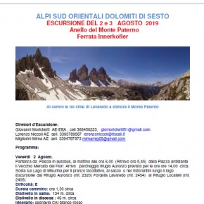 C.A.I. - sezione Pescia e Valdinievole - venerdì 2 e sabato 3 agosto 2019  Escursione “Alpi sud Orientali Dolomiti di Sesto”