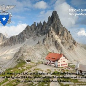 Pescia giovedì 14 marzo. Incontro C.A.I. presentazione escursione del 3 e 4 agosto nelle Dolomiti di Sesto presso le tre Cime di Lavaredo ed il Monte Paterno.