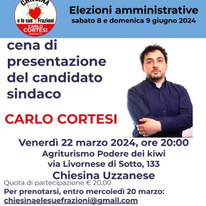 Chiesina  Uzzanese - Venerdì 22 marzo 2024 cena di presentazione di Carlo Cortesi candidato sindaco lista "Chiesina e le sue Frazioni".