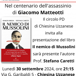 Chiesina Uzzanese lunedì 30 settembre ore 21.15.  Presentazione libro "Il nemico di Mussolini",