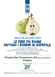 Sabato 28 settembre 2024 Ventesima Giornata Nazionale perAmore, perABIO Le pere più buone aiutano i bambini in ospedale A Pistoia sarà possibile incontrare i volontari ABIO in piazza San Francesco 64 (angolo via Bozzi) dalle 9 alle 19