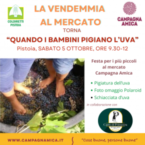 La vendemmia al Mercato Campagna Amica di Pistoia Sabato 5 ottobre dalle 9.30 alle 12 torna “Quando i bambini pigiano l’uva” Dalle 9.30 alle 12