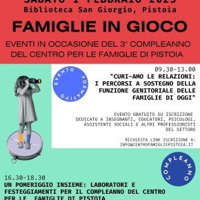 Famiglie in gioco, special week", una settimana di festa per il terzo compleanno del Centro per le Famiglie  Si parte lunedì 27 gennaio, alle 16 al centro educativo Camposampiero con  l’iniziativa “Eco-Artelab: creazioni artistiche sostenibili”. Sabato 1 febbraio l’evento di chiusura in Biblioteca San Giorgio